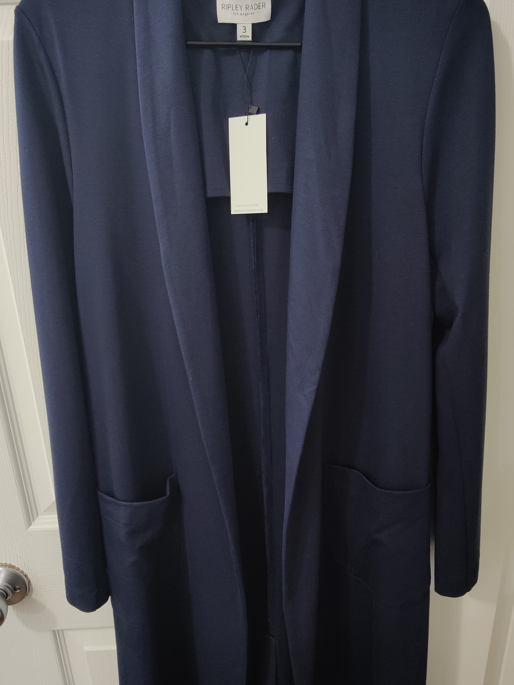 Navy Long Open-Front Ponte Knit Jacket